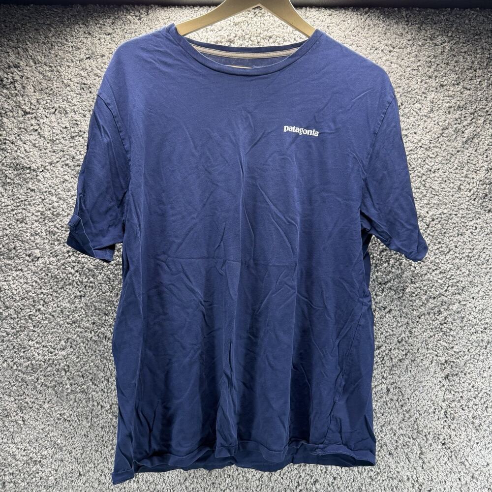 Patagonia Men’s Large P6 Logo Organic Cotton T Shirt Blue Graphic Back Tee